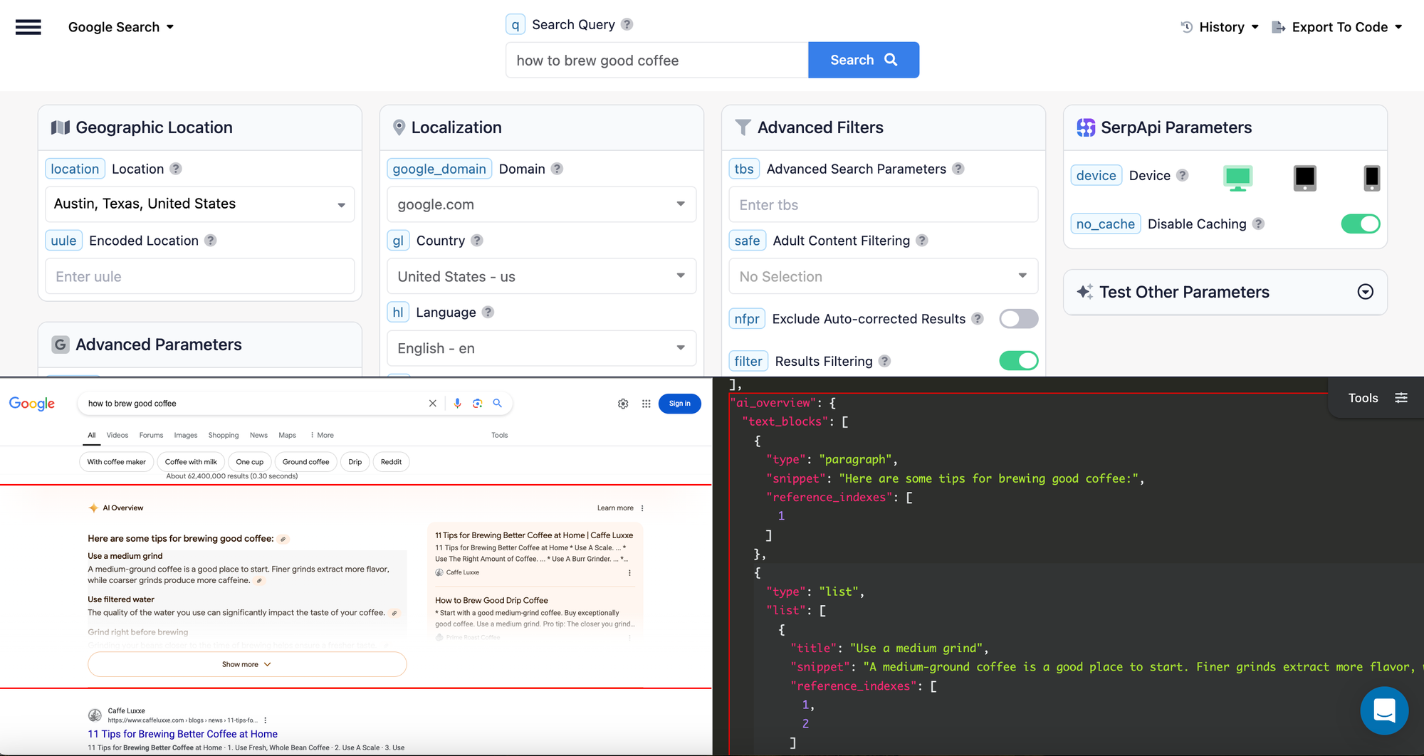 SerpApi Playground for Google Search showing location, domain, device and no_cache parameters above a Google AI Overview and its JSON output