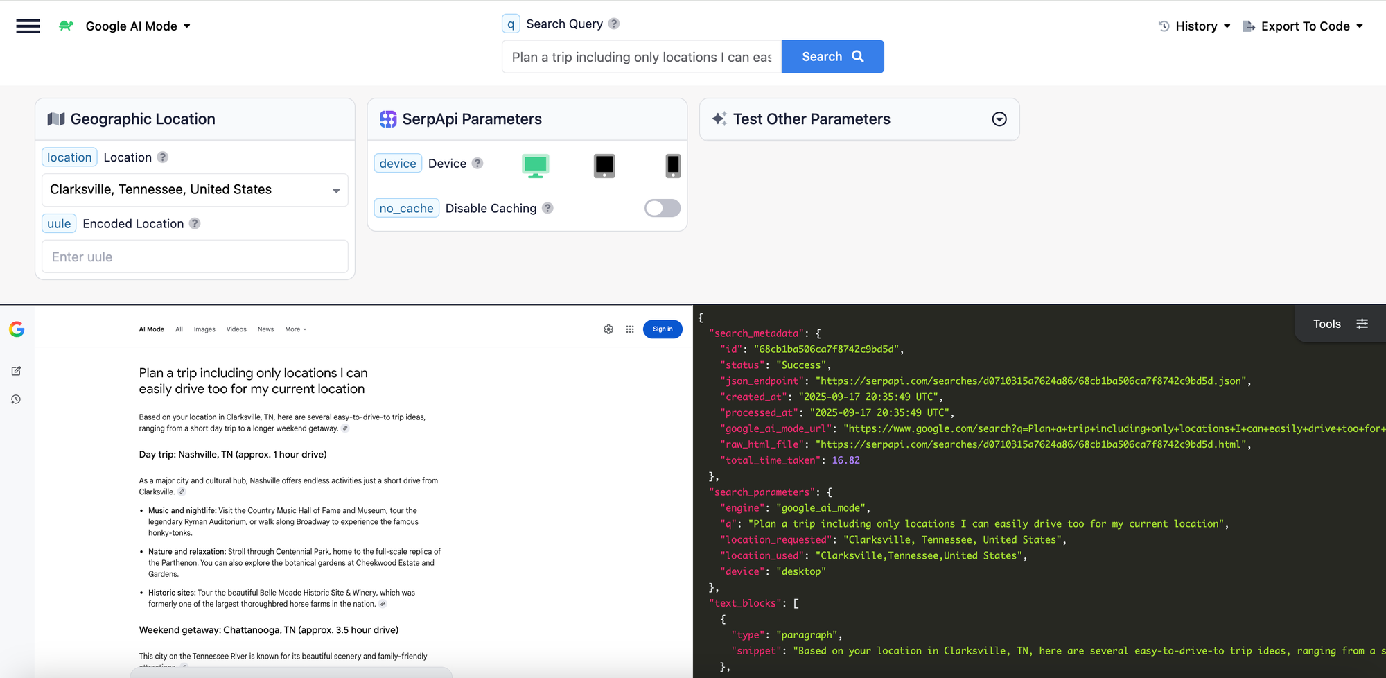 SerpApi Playground running a Google AI Mode trip-planning query with the location set to Clarksville, Tennessee