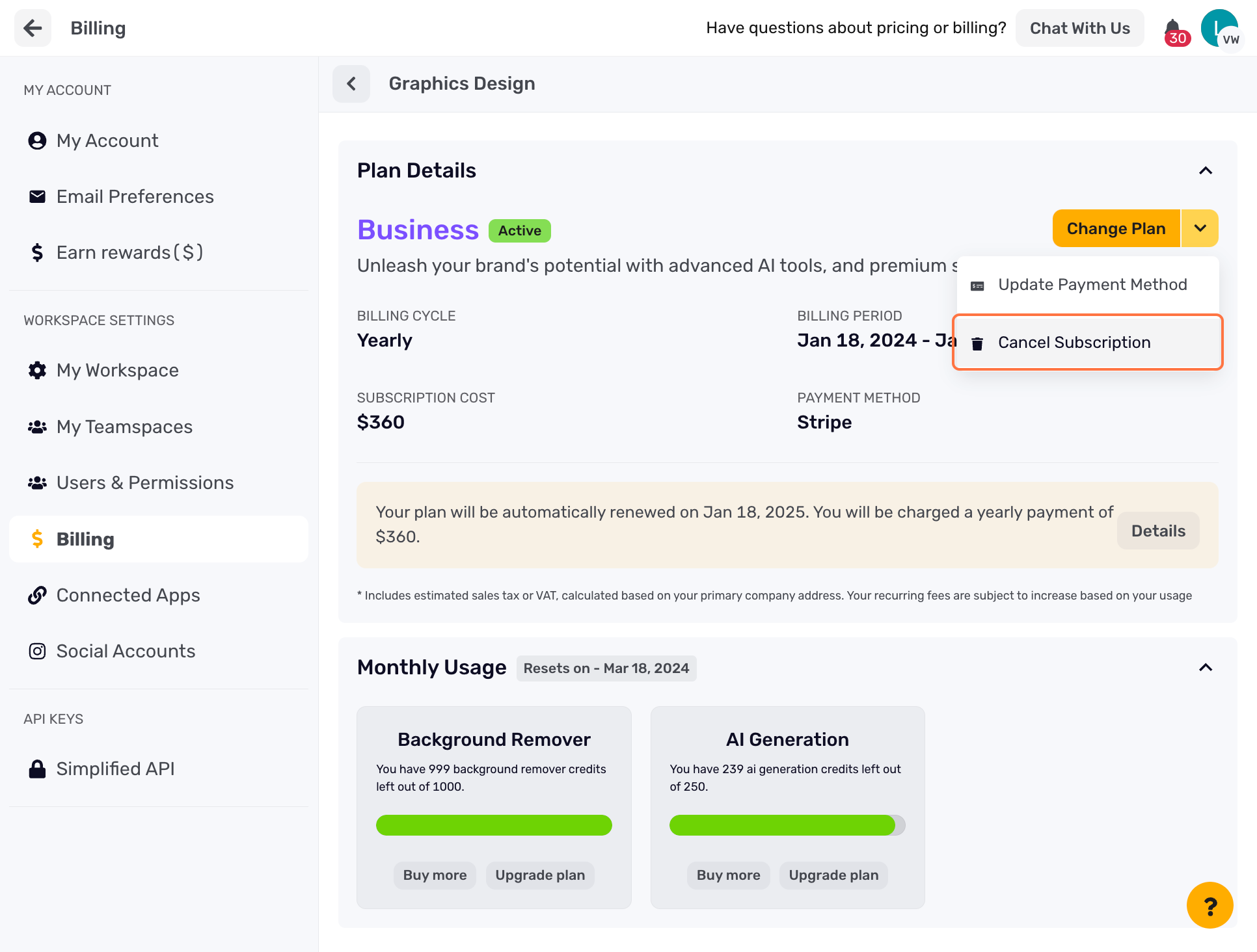 Simplified billing settings with the plan menu open and Cancel Subscription highlighted