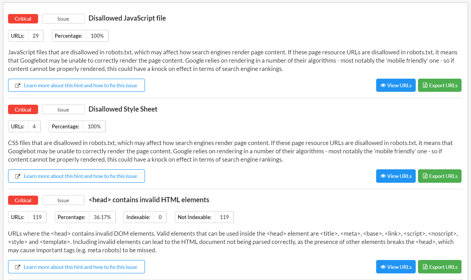 Sitebulb Critical Hints cards for disallowed JavaScript, disallowed style sheets and invalid head elements, each with affected URL counts