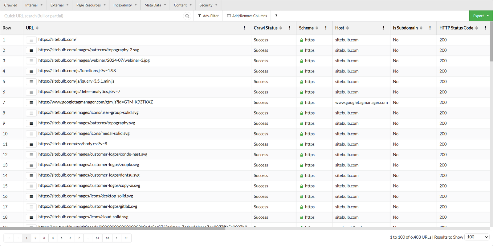 Sitebulb URL Explorer table listing crawled URLs with crawl status, scheme, host and HTTP status code columns