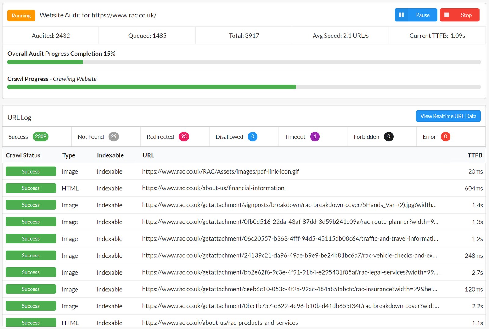 Sitebulb desktop audit in progress showing audited and queued URL counts, crawl speed and a live log of crawled URLs
