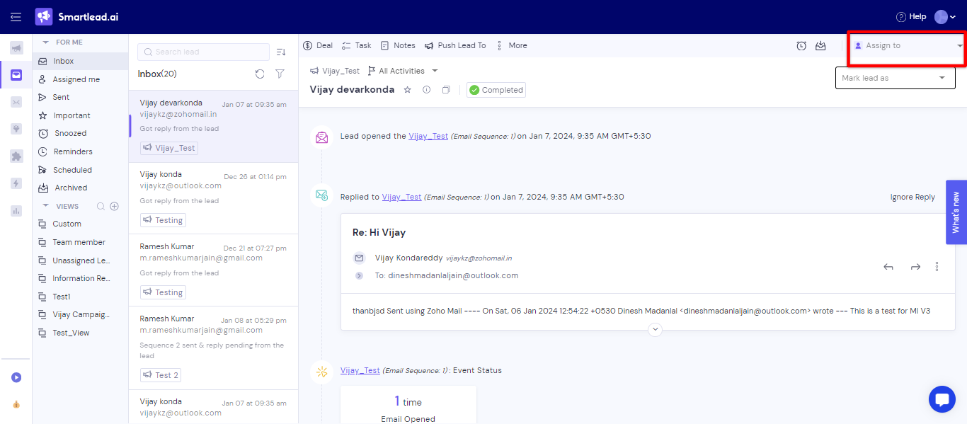 Smartlead Master Inbox with the Assign to control for routing a reply to a teammate