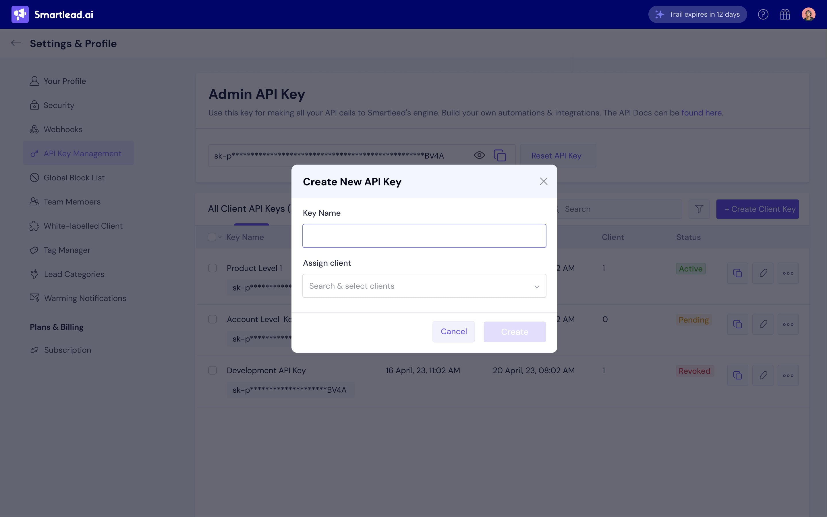 Smartlead admin settings with the Create New API Key dialog open