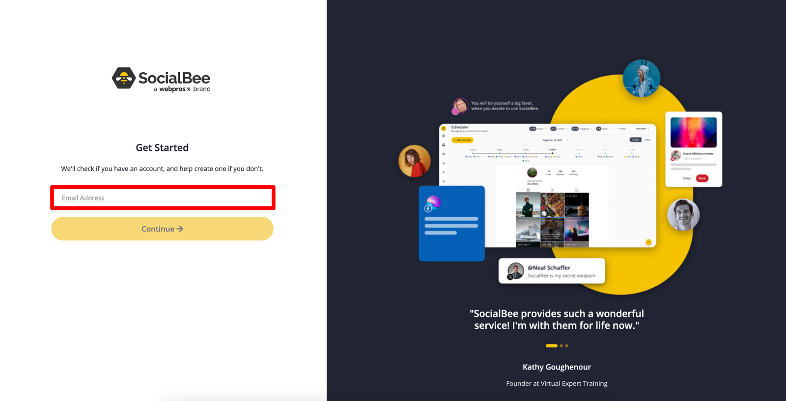 SocialBee sign-up screen showing the email step and WebPros single sign-on option