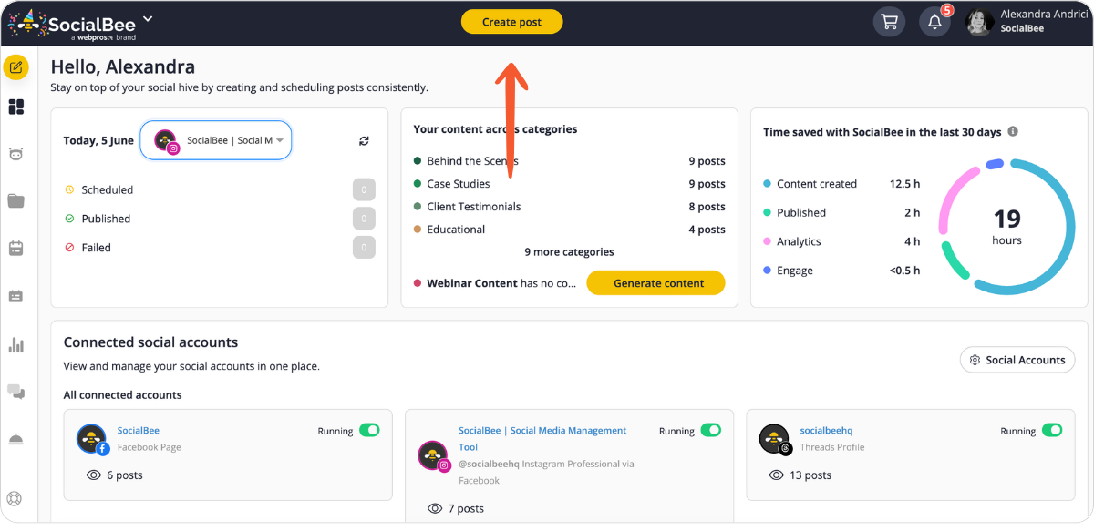 SocialBee dashboard with the Create post button highlighted