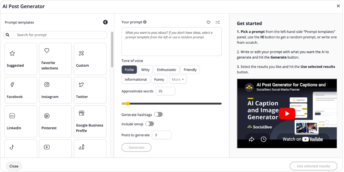 SocialBee AI assistant modal with prompt templates and a caption editor
