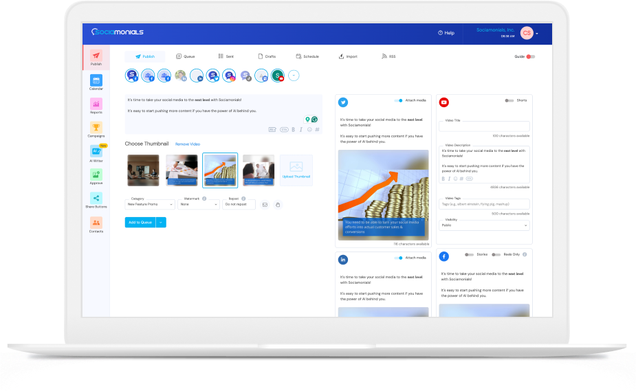 Sociamonials publishing and scheduling tool shown on a laptop