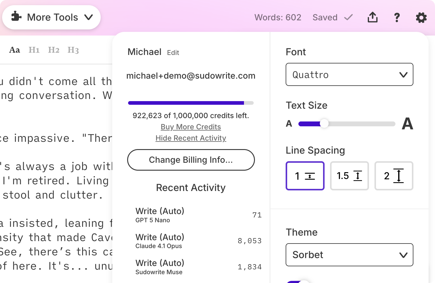 Sudowrite Recent Activity panel comparing the credit cost of the same Write on Muse, Claude 4.1 Opus and GPT-5 Nano