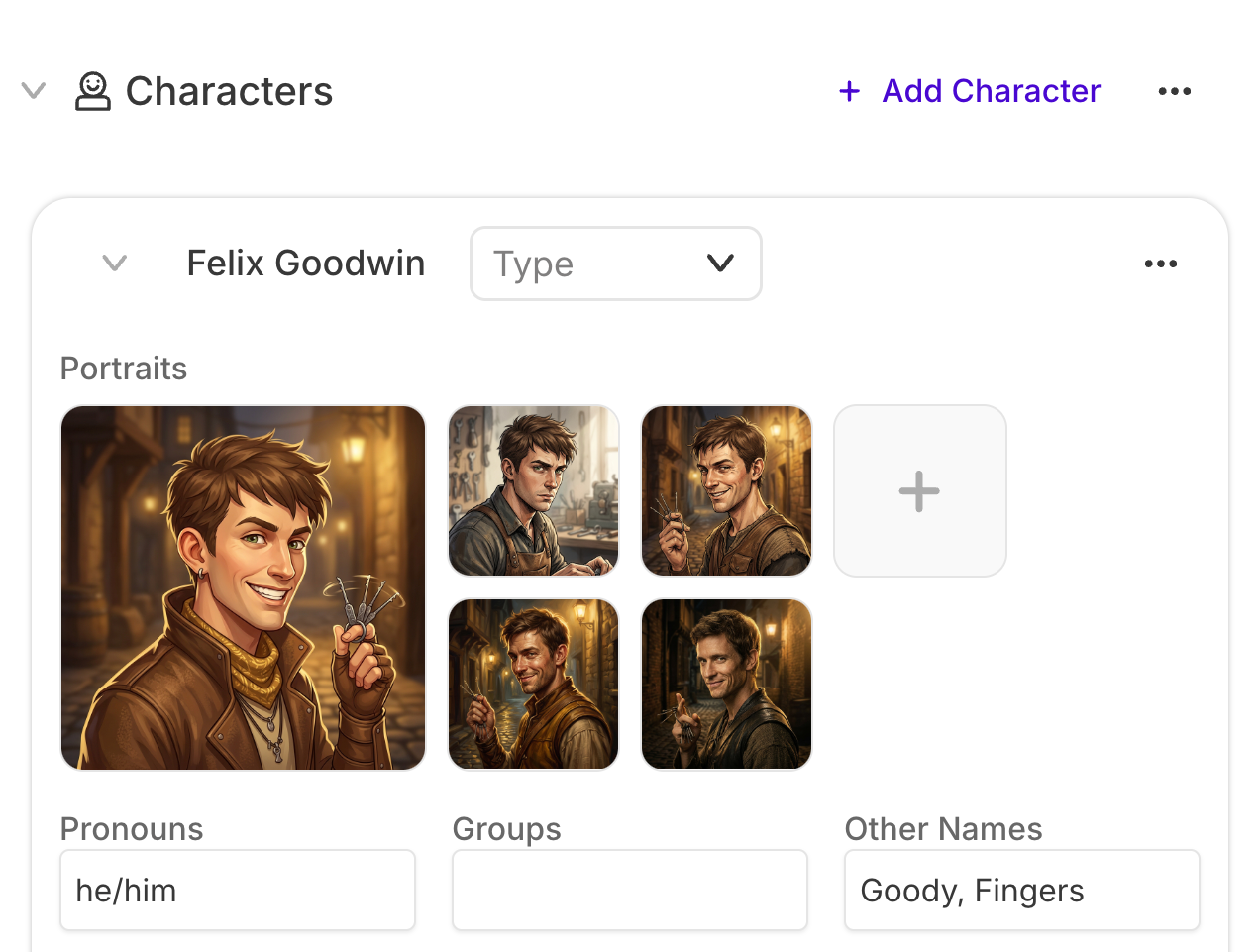 Sudowrite Story Bible character card with its generated portrait gallery