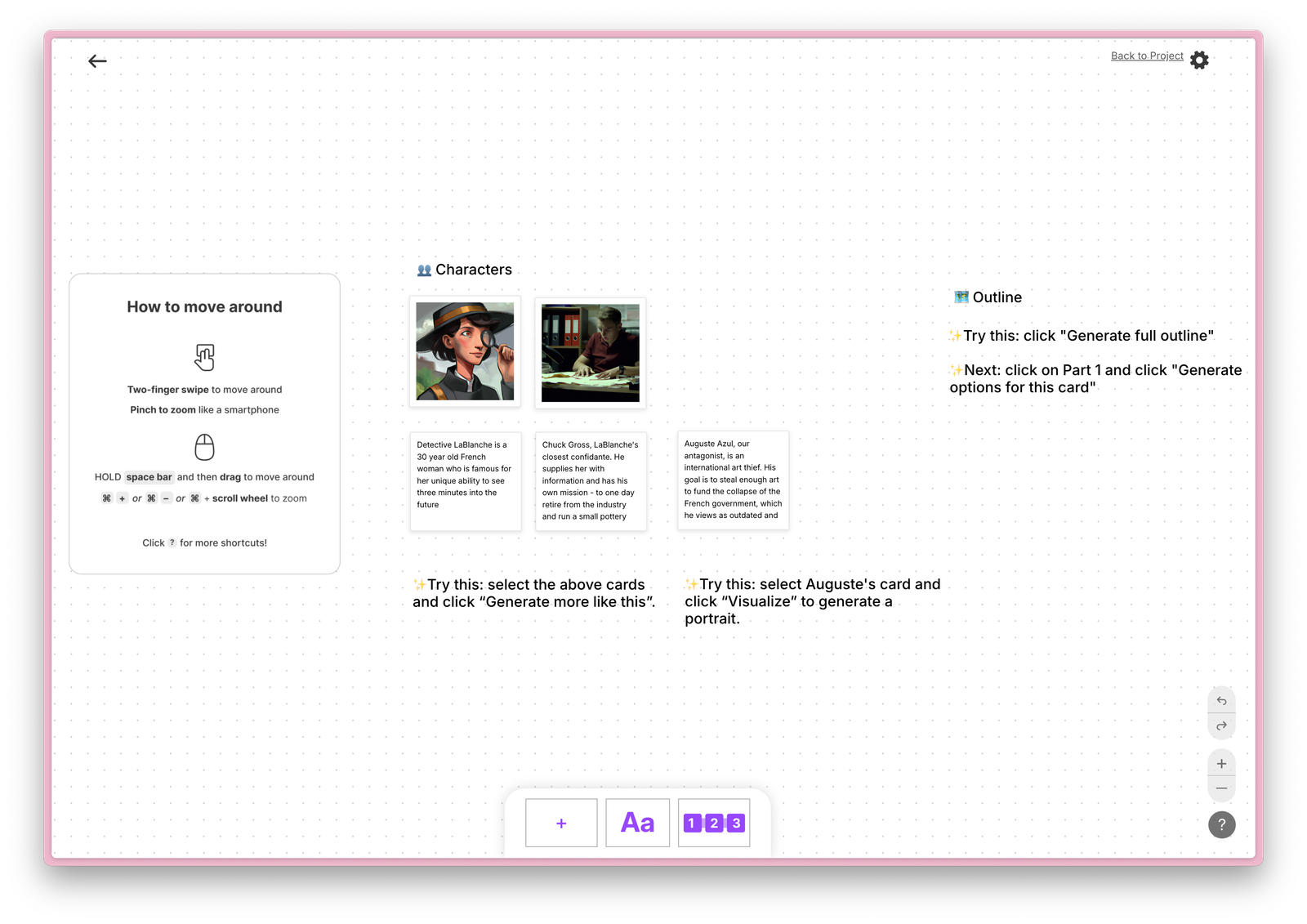 Sudowrite Canvas whiteboard used for plotting scenes and ideas