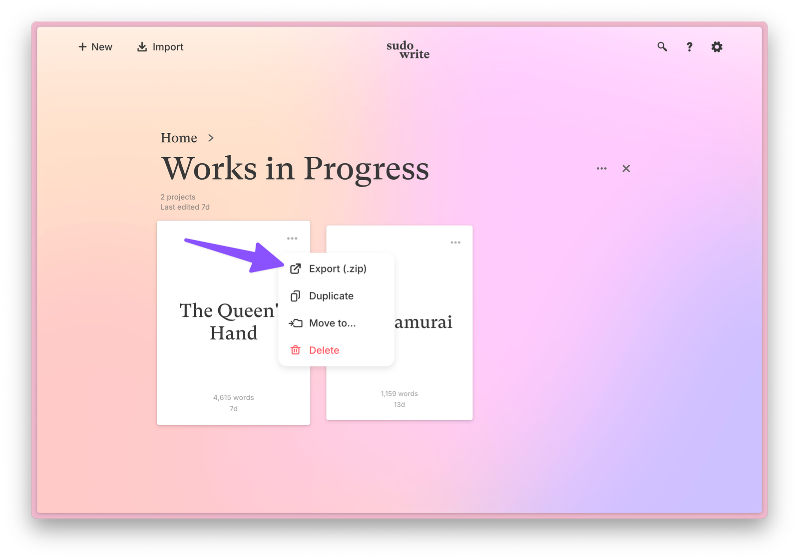 Sudowrite Works in Progress screen with a project menu open on Export (.zip)
