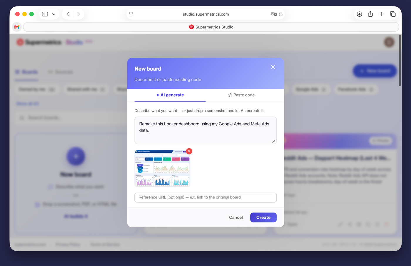 Supermetrics Studio New board dialog offering to AI-generate a dashboard from a prompt or a screenshot