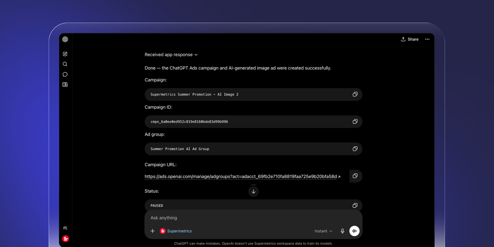 ChatGPT using the Supermetrics app to set up a new ChatGPT Ads campaign