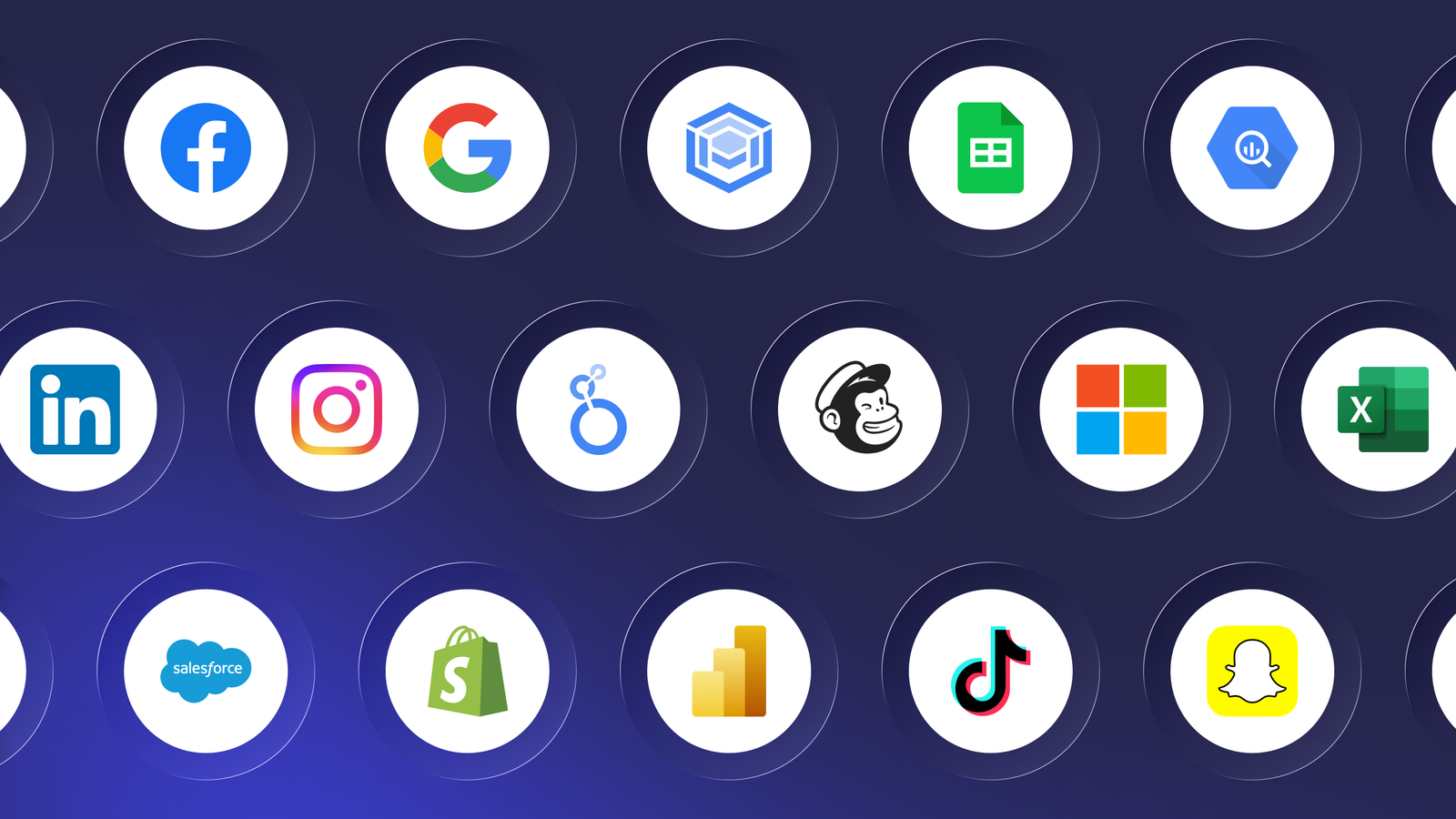 Grid of Supermetrics connector and destination logos including Facebook, Google Ads, Sheets, BigQuery, Looker Studio, Shopify and TikTok