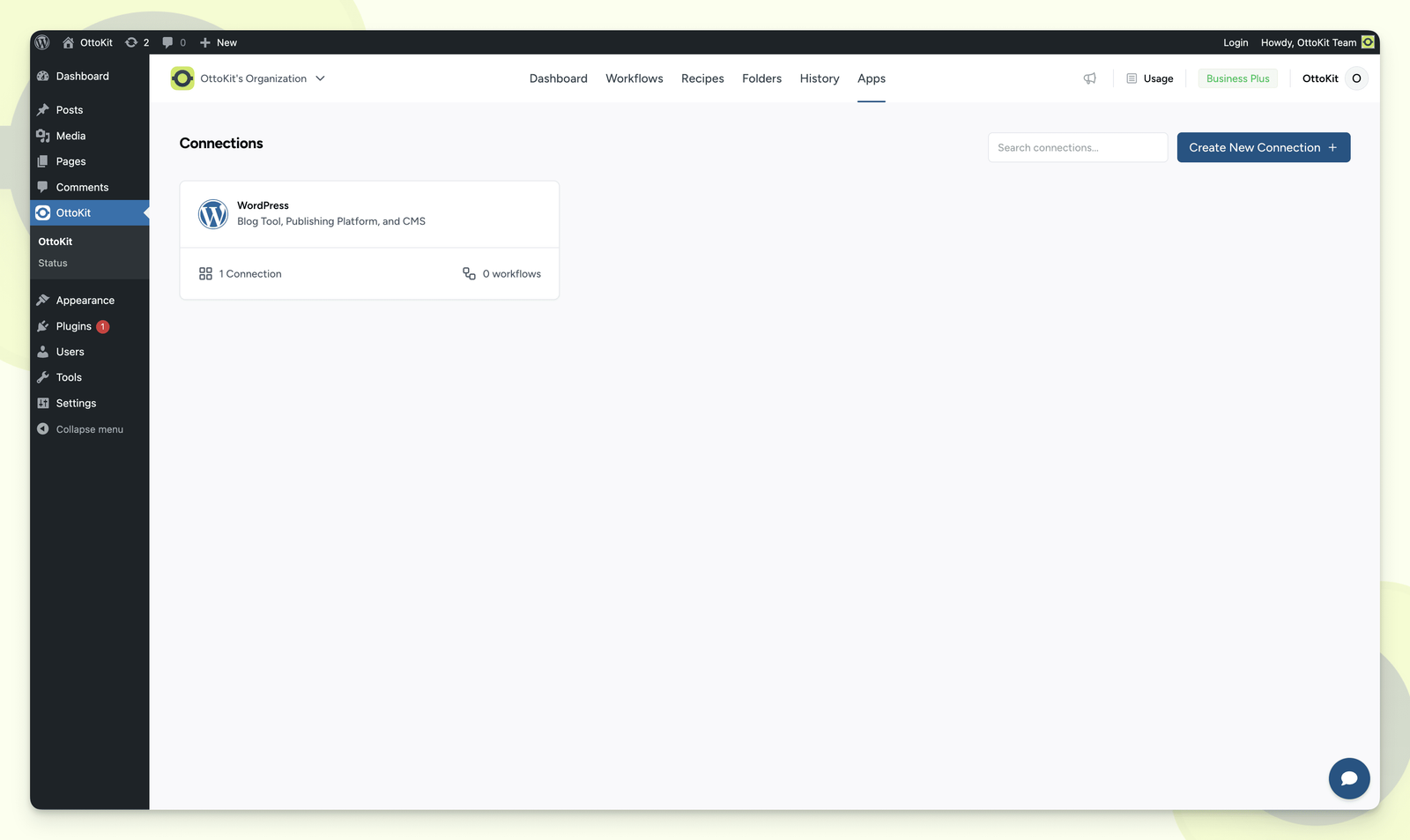 OttoKit Connections page in WordPress admin showing one WordPress connection and a Create New Connection button