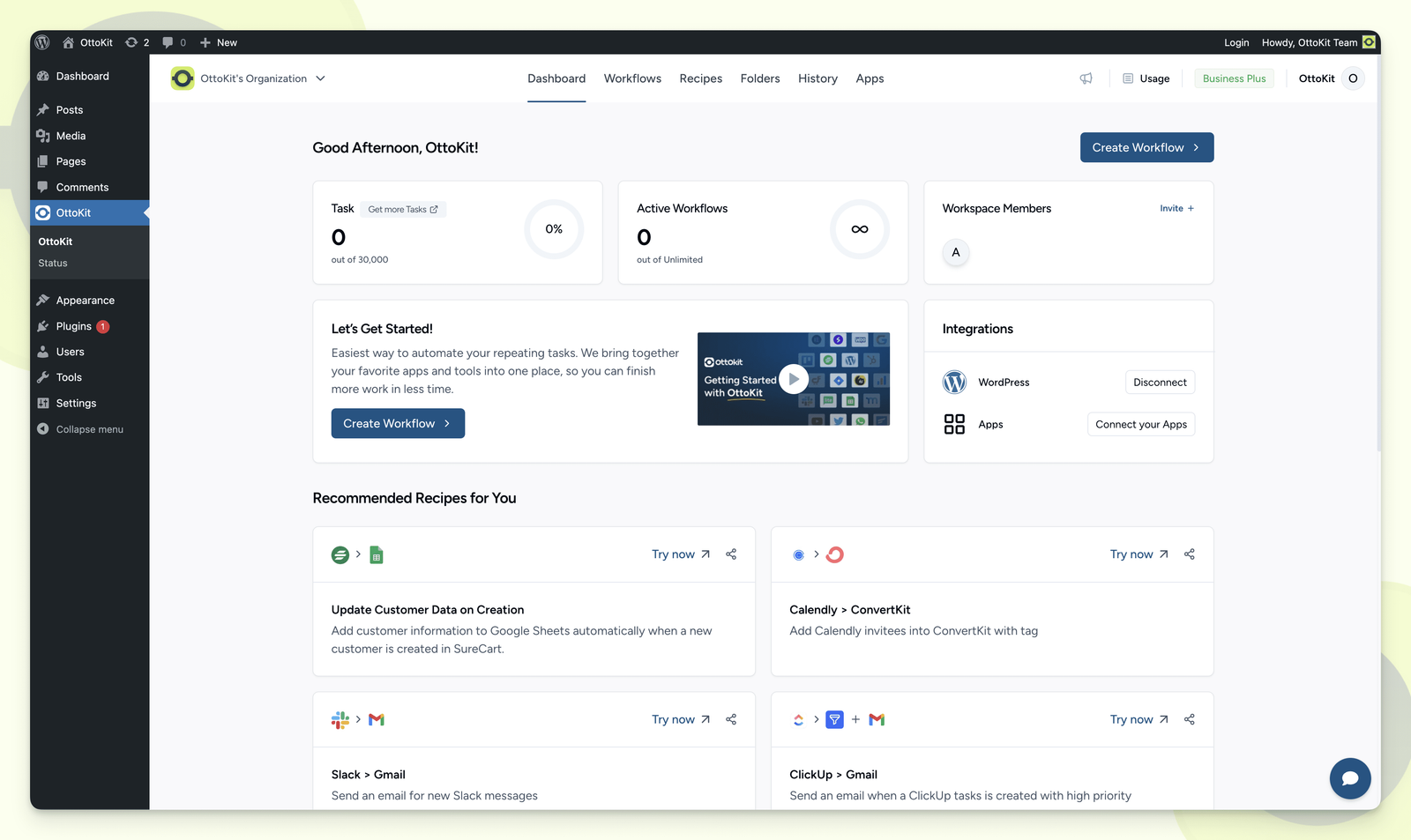 OttoKit dashboard showing task usage of 0 out of 30,000 on the Business Plus plan, with recommended recipes