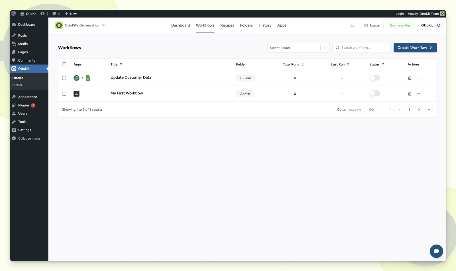 OttoKit Workflows list with two workflows, run counts, folders and on-off status toggles