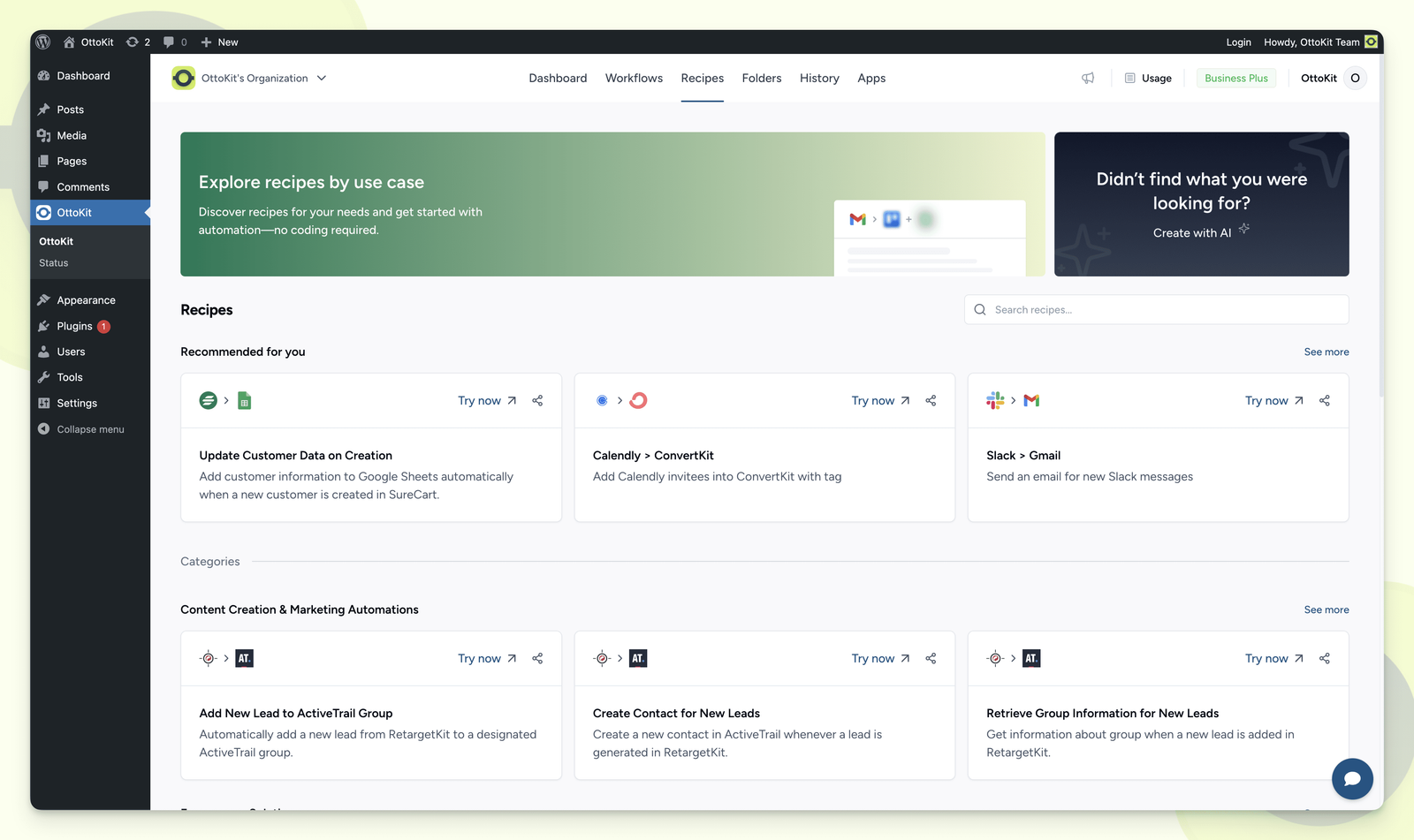 OttoKit Recipes page with ready-made automation templates grouped by use case and a Create with AI panel