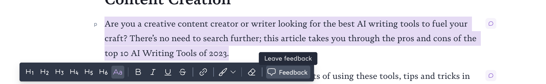 Surfer AI editor toolbar with the Leave feedback option on selected AI-generated text