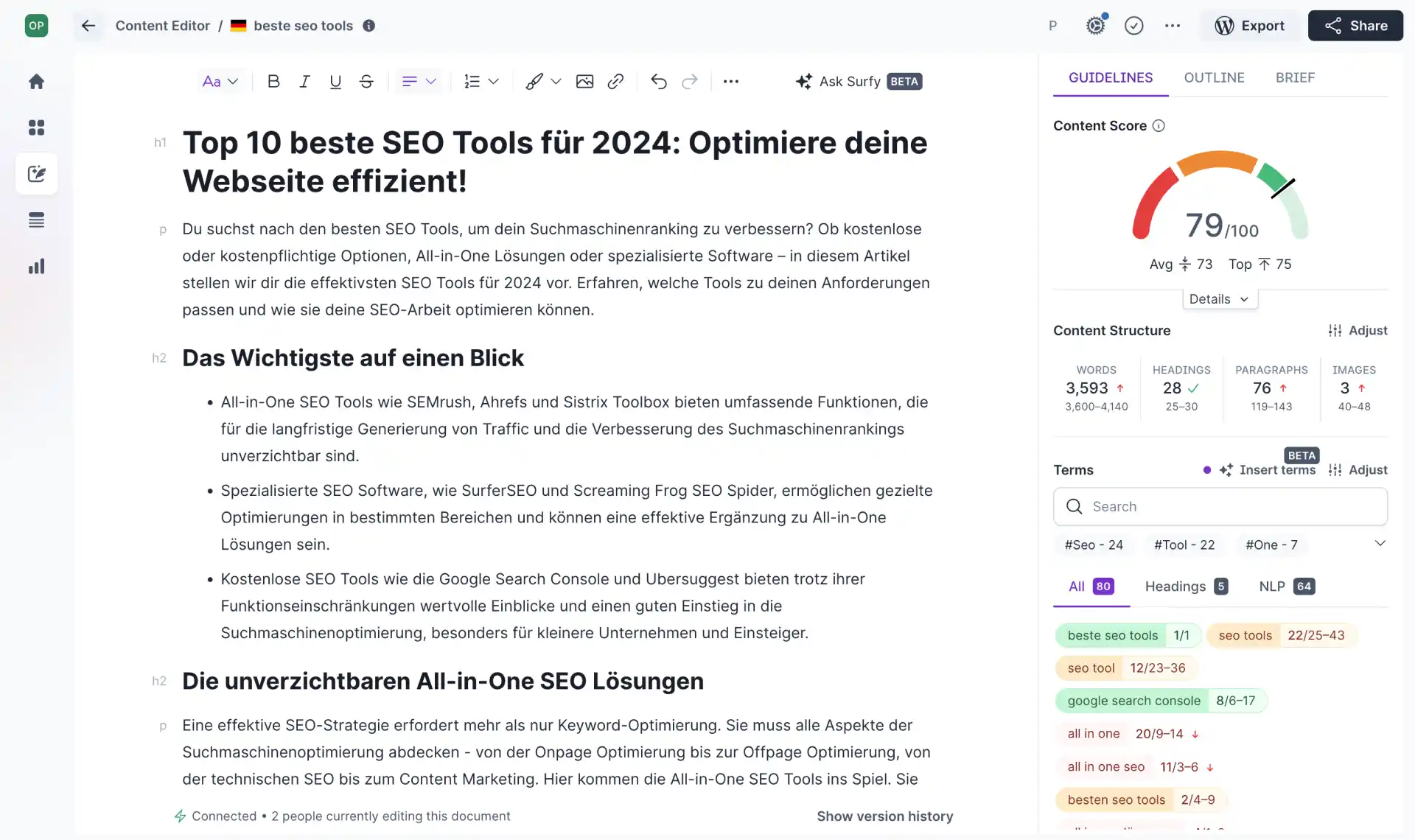 Surfer AI generated article in German open in the Content Editor