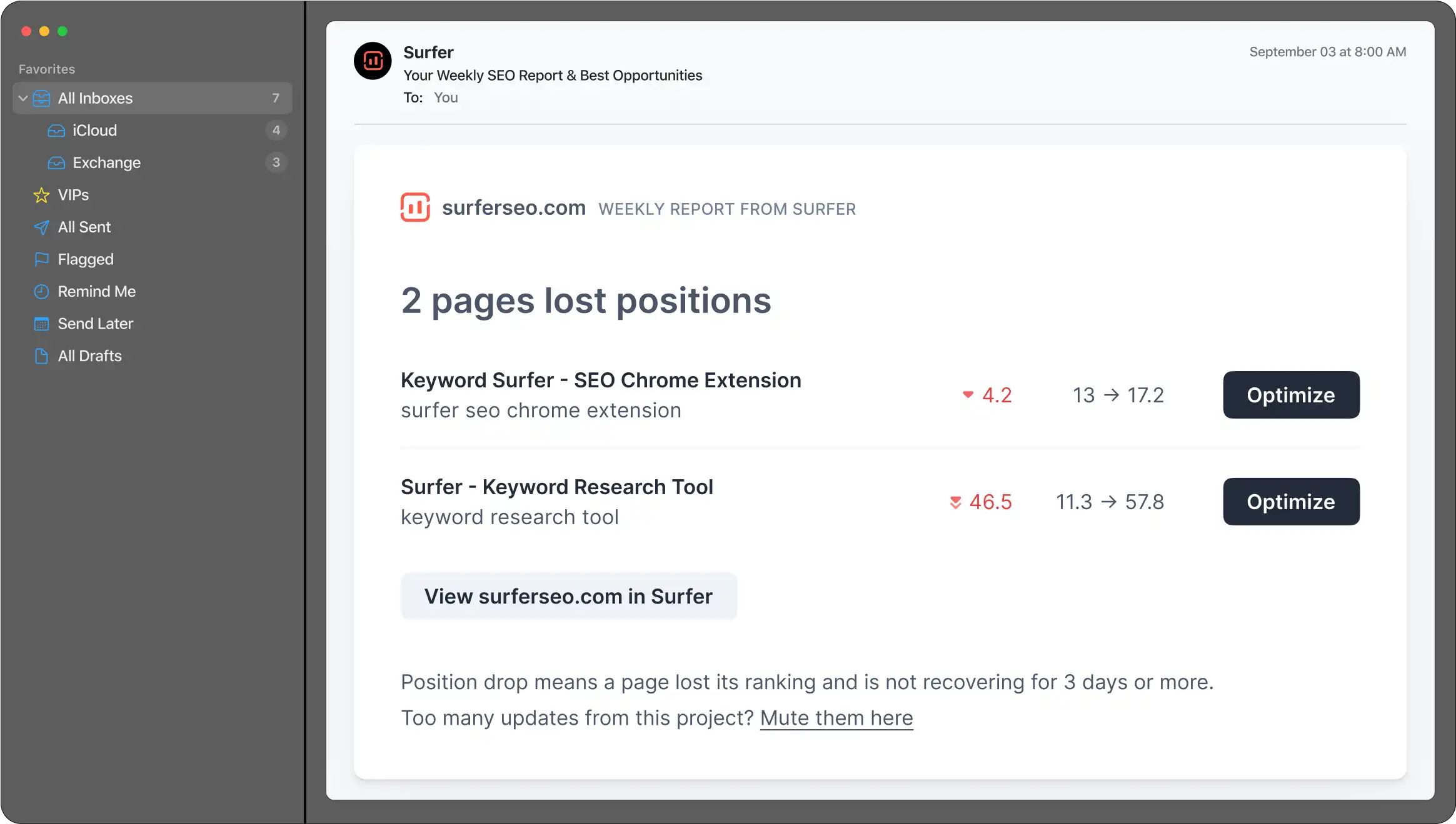 Surfer weekly email report summarizing ranking position changes and content audit opportunities