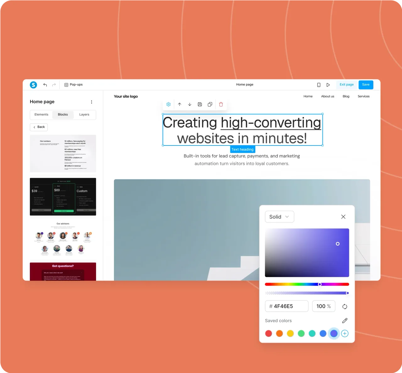 Systeme.io website builder showing a homepage template with drag-and-drop content blocks