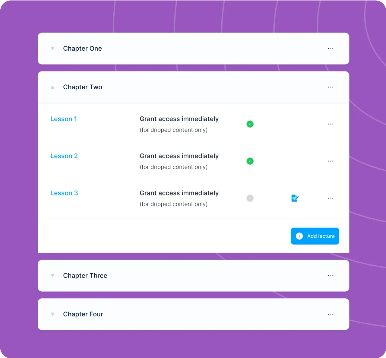 Systeme.io course builder with a module list, a video lesson and a student enrollment count