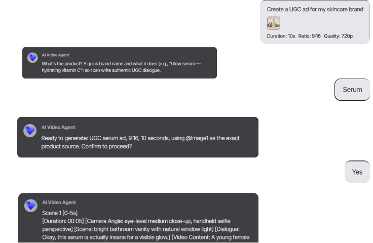 Tagshop AI's conversational agent asking for brand and creative direction before rendering