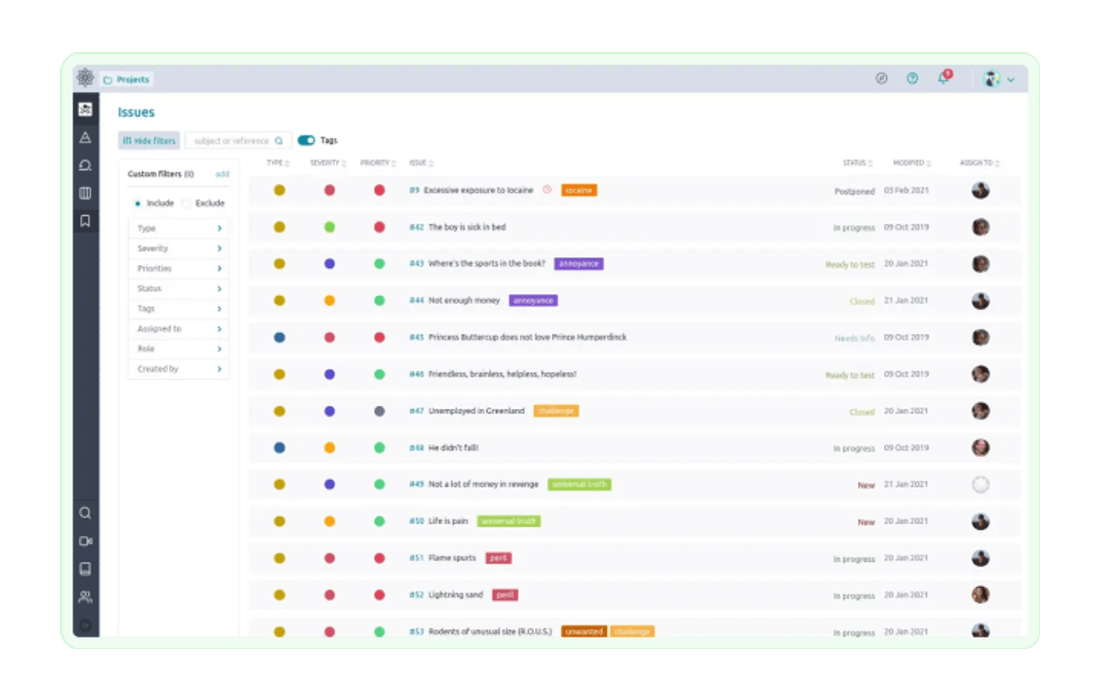 Taiga issue tracker listing bugs with type, severity, priority, status and assignee columns