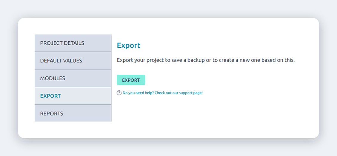 Taiga project settings page with the export button that generates a project dump