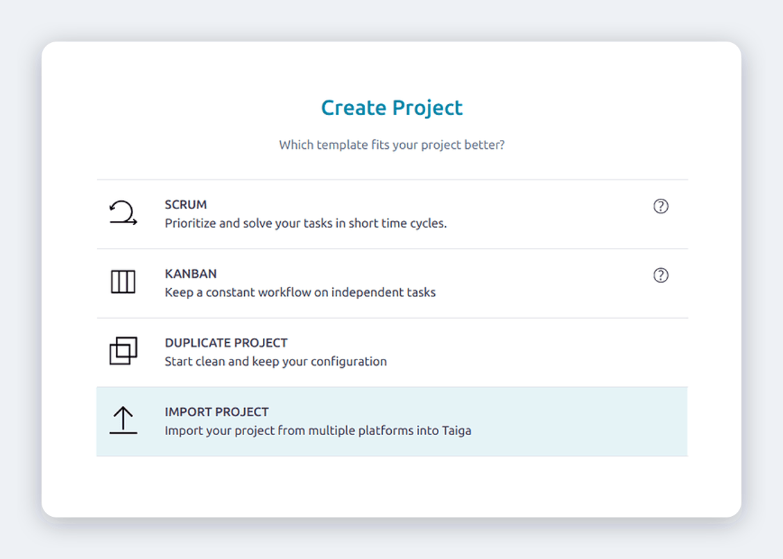 Taiga import project screen offering Trello, GitHub, Jira and Asana as sources