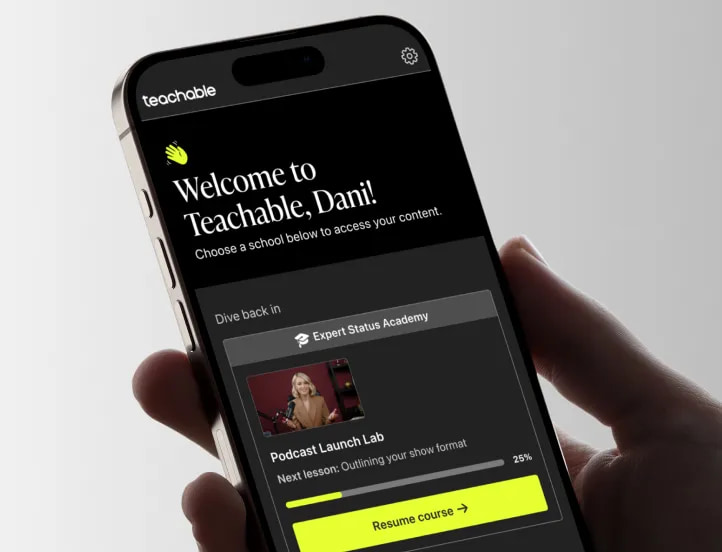 Teachable student mobile app on a phone, showing a course ready to continue