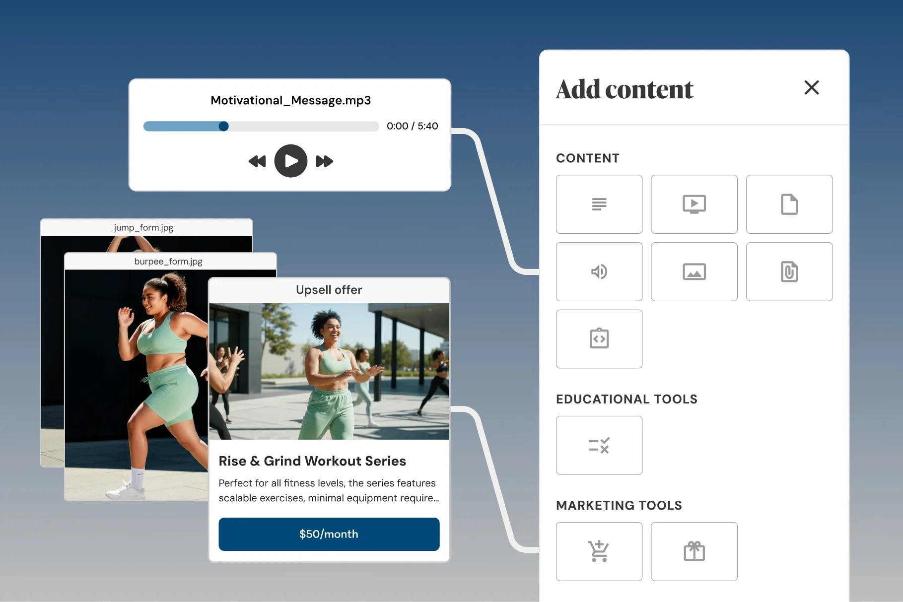 Teachable lesson editor Add content panel next to an upsell offer block inside a lesson