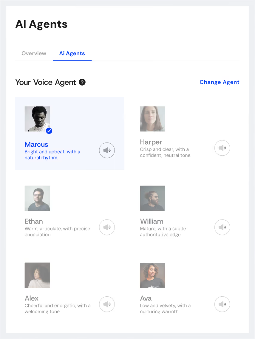 Textedly AI Agents voice selection screen with six agent voices to preview