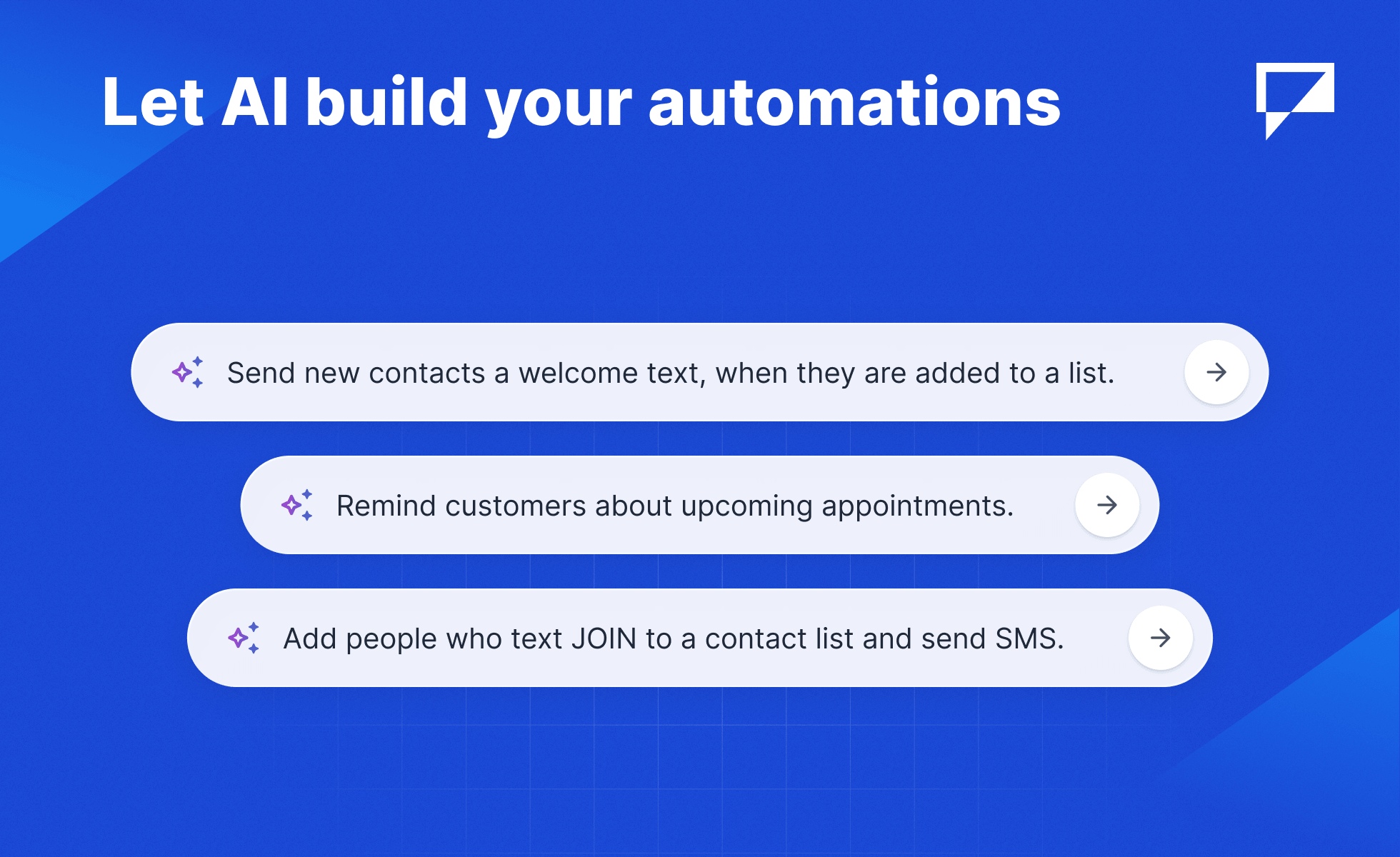 TextMagic's Let AI build your automations screen with plain-language prompts for welcome texts, appointment reminders and JOIN keyword sign-ups