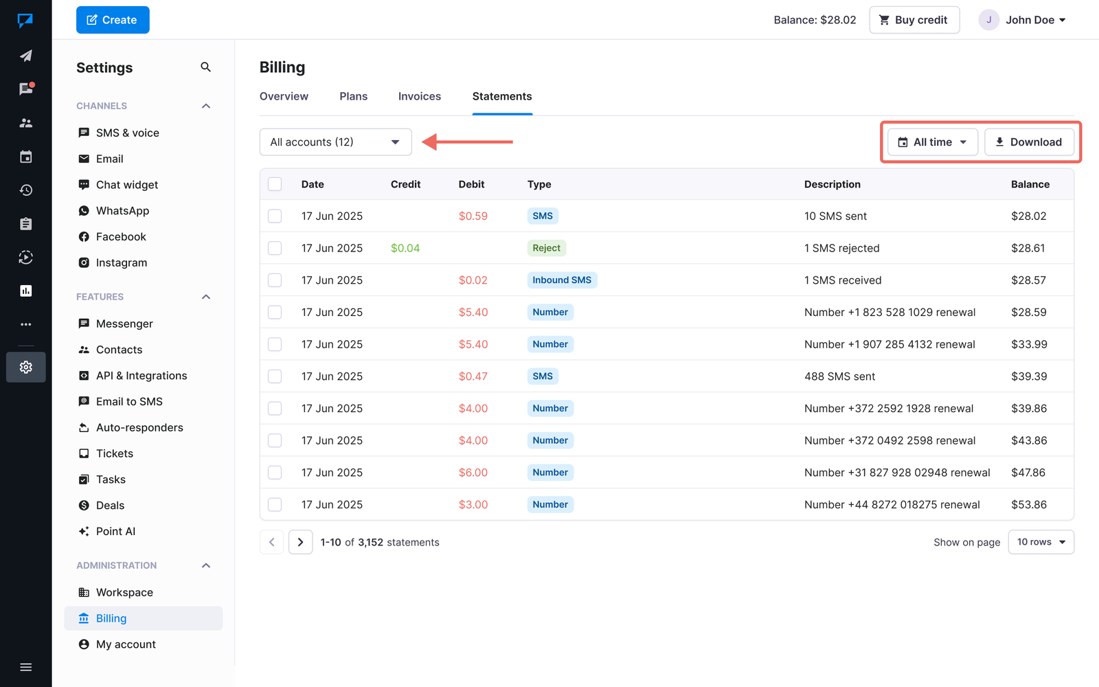 TextMagic billing statements page listing SMS sent, SMS received and number renewal charges against the prepaid credit balance