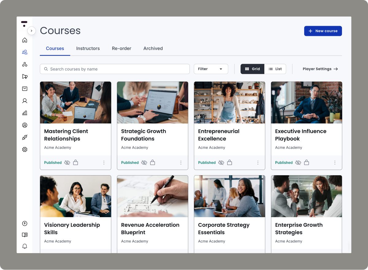 Thinkific admin Courses page with a grid of course cards and the New course button