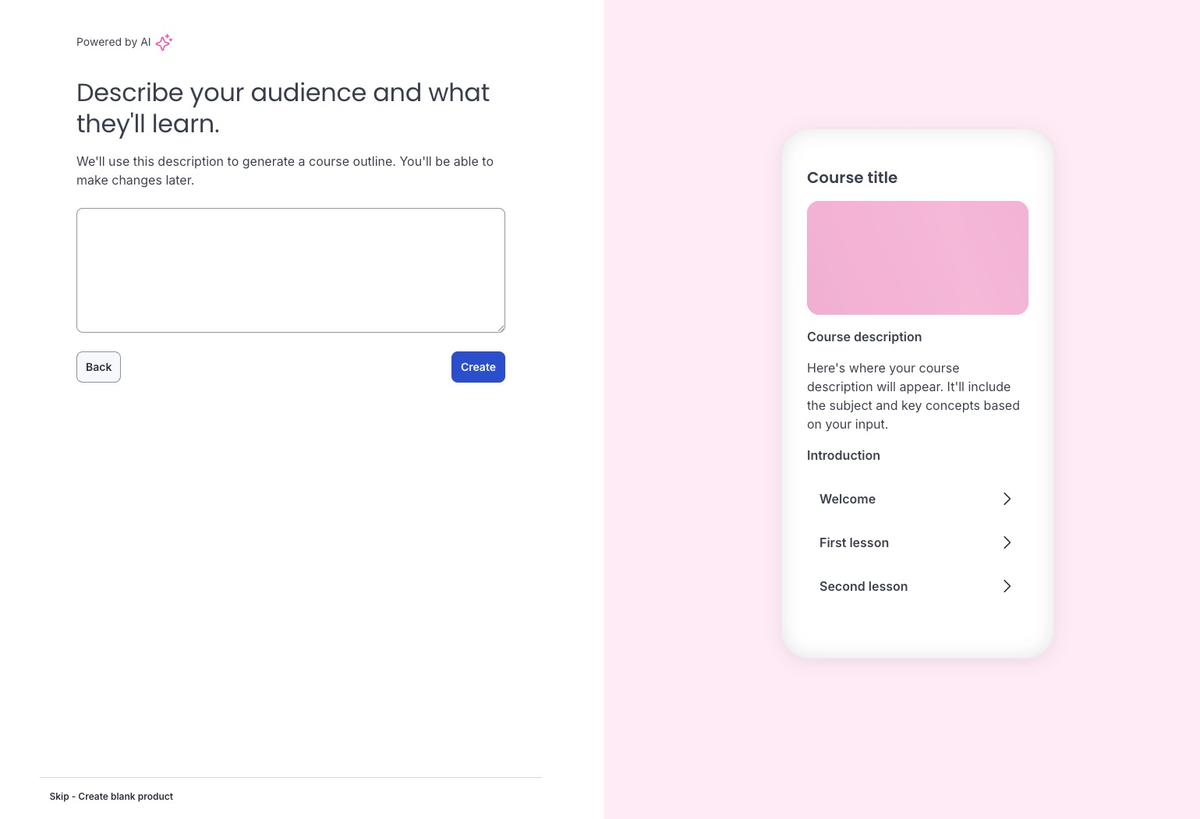 Thinkific AI Course Outline Generator prompt box in the course admin