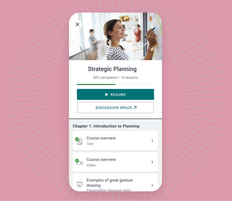 Thinkific branded mobile app on a phone showing a course at 50% complete with its chapter list and discussion space