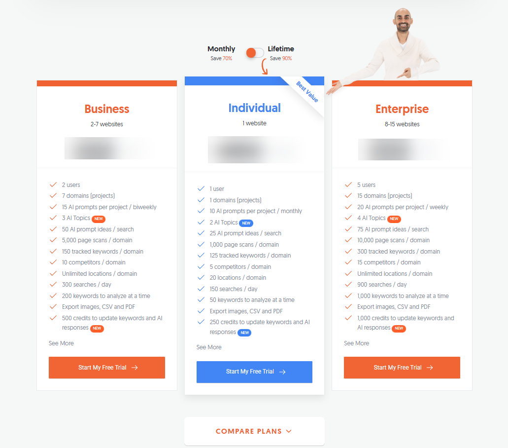 Ubersuggest pricing table comparing the Individual, Business and Enterprise plan limits