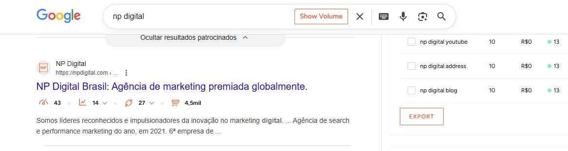 Ubersuggest Chrome extension showing keyword metrics beside Google search results