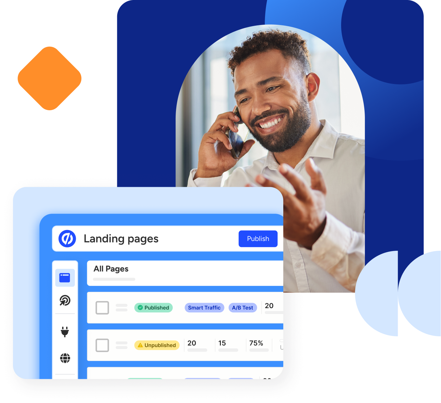 Unbounce landing pages dashboard listing published pages tagged Smart Traffic and A/B Test