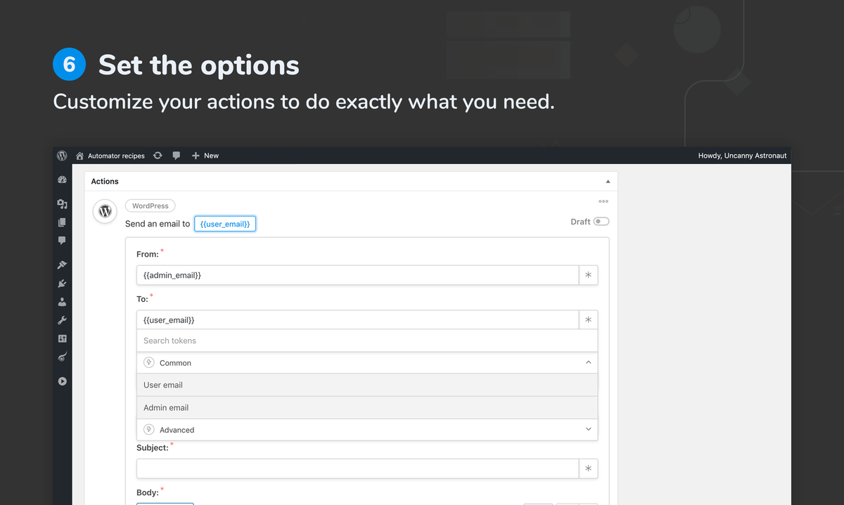 Uncanny Automator recipe action sending an email with user and admin email tokens