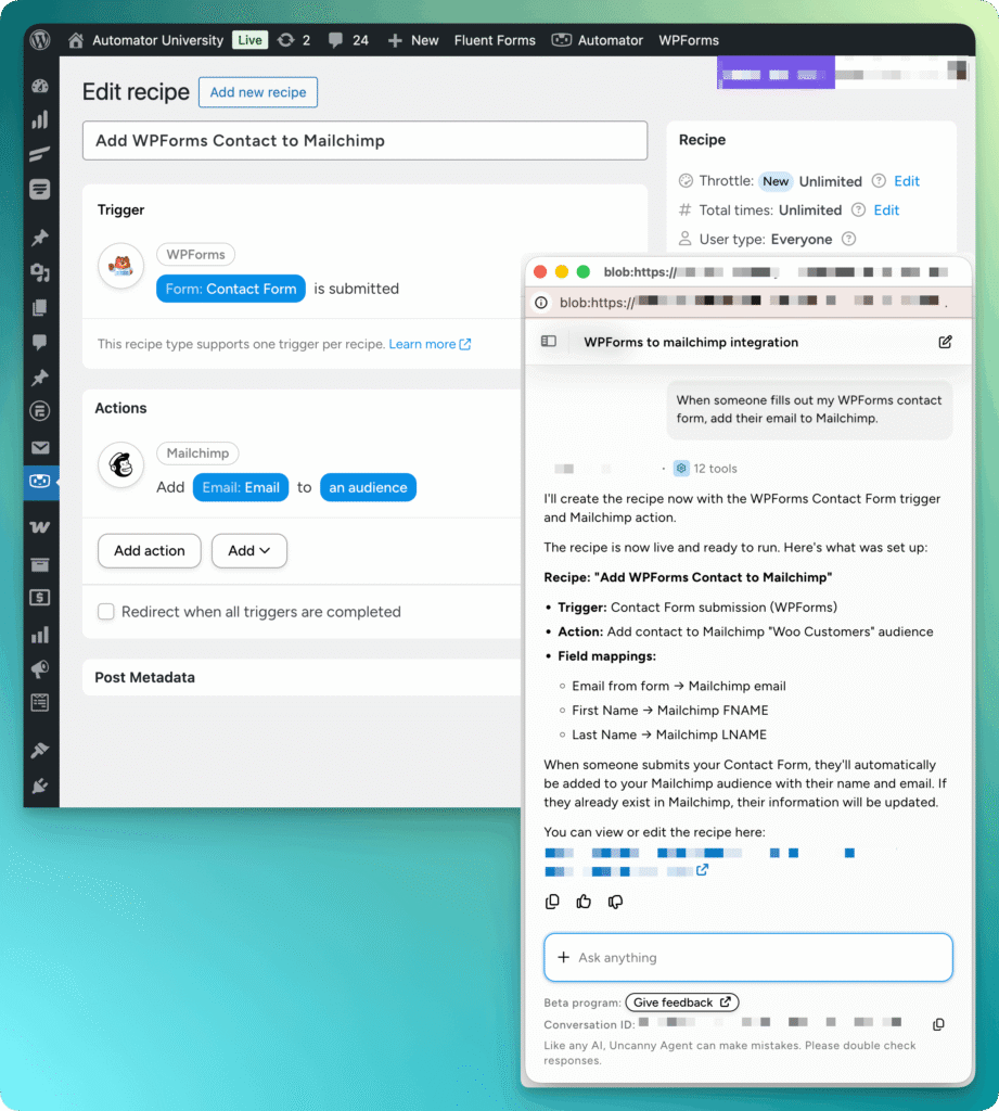 Uncanny Agent building a WPForms to Mailchimp recipe from a chat request in wp-admin