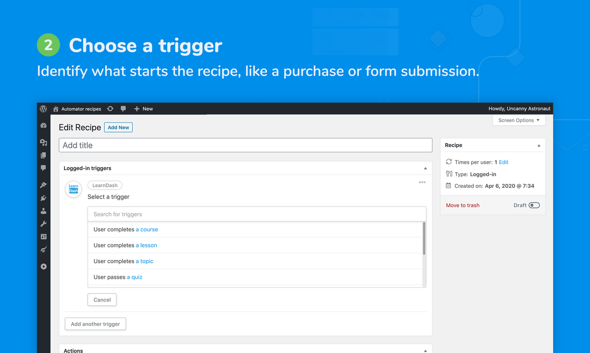 Uncanny Automator Recipe Builder with LearnDash triggers such as user completes a course