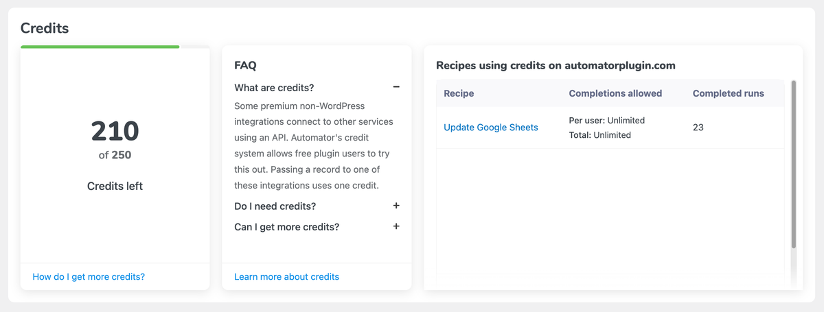 Uncanny Automator credits panel showing 210 of 250 free app credits left