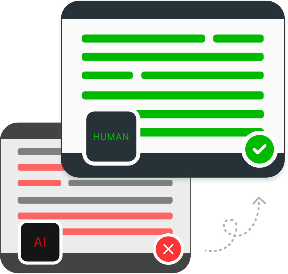Undetectable AI press-kit illustration of a document tagged AI with red lines being converted into a document tagged HUMAN with a green check