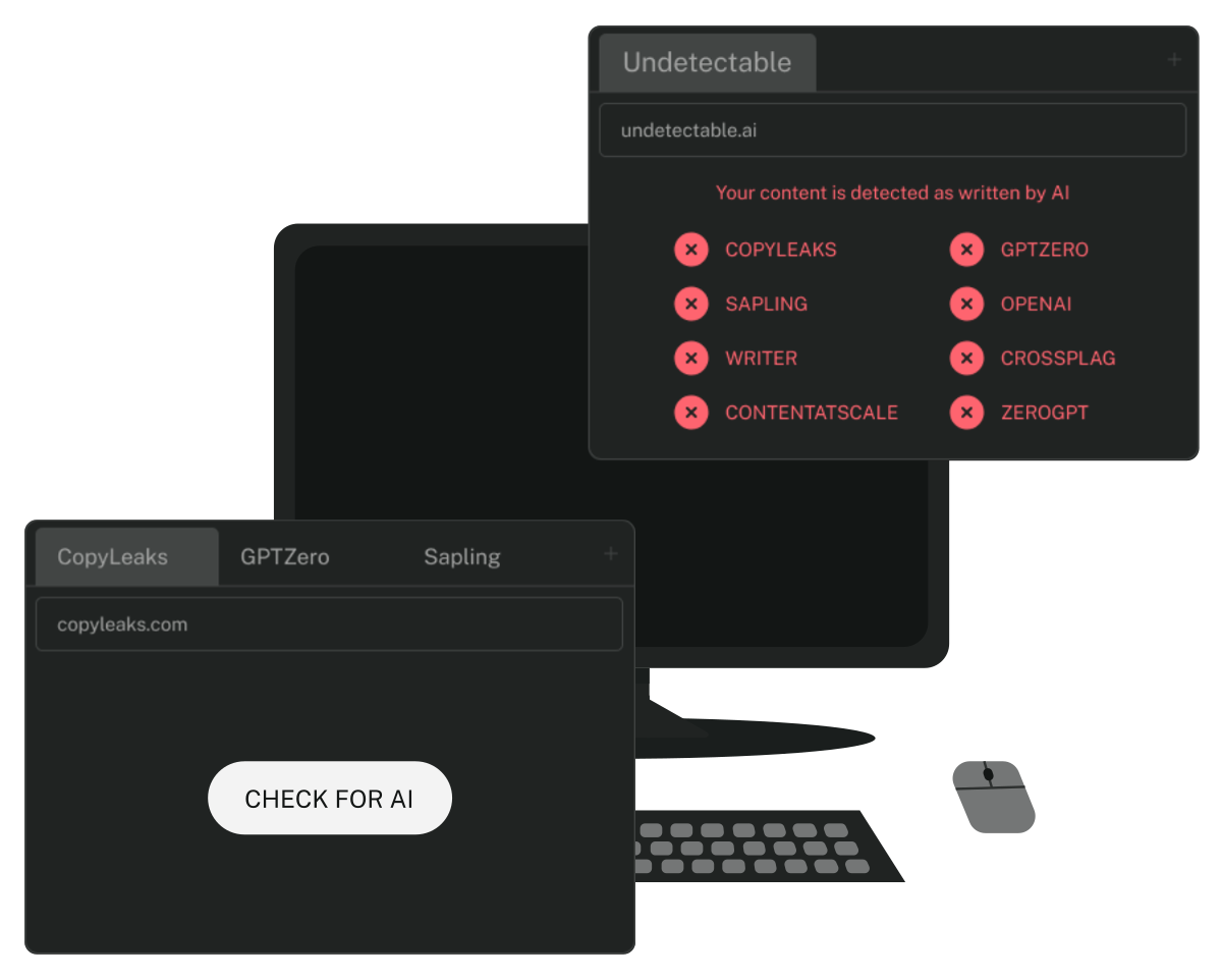 Undetectable AI press-kit illustration of its CHECK FOR AI screen listing the eight detectors it scores against: Copyleaks, GPTZero, OpenAI, Sapling, Writer, Crossplag, ContentAtScale and ZeroGPT