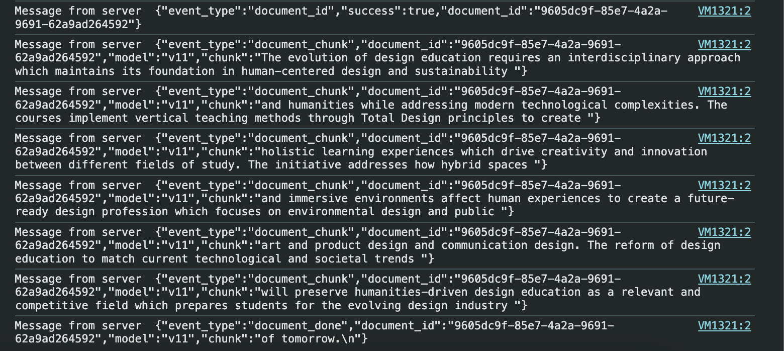 Undetectable AI Humanization API v2 event stream in a browser console, returning document_chunk events from the v11 model